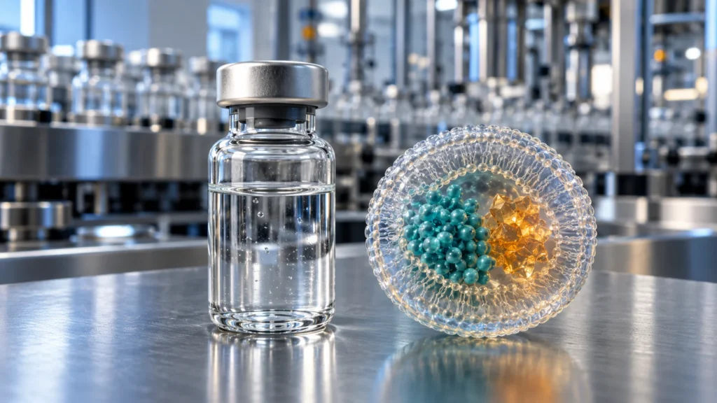 Conceptual editorial illustration of a liposomal formulation with dual payloads and a manufacturing environment