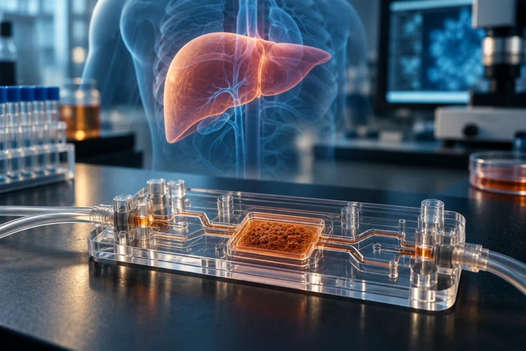 Conceptual editorial illustration of a microfluidic liver-chip cartridge in a laboratory setting