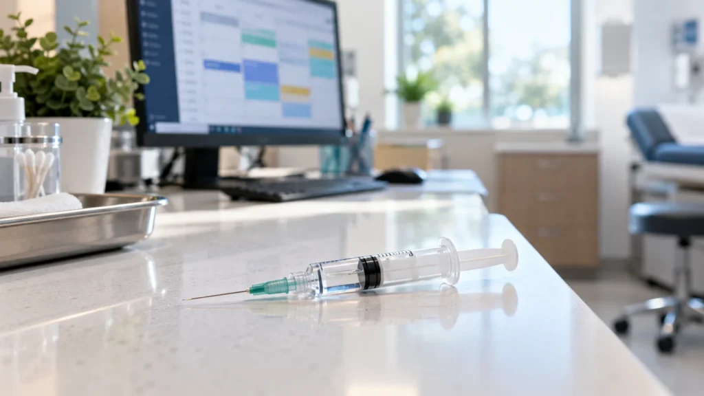 Conceptual editorial illustration accompanying Inclisiran access: the referral queue behind an infrequent injection